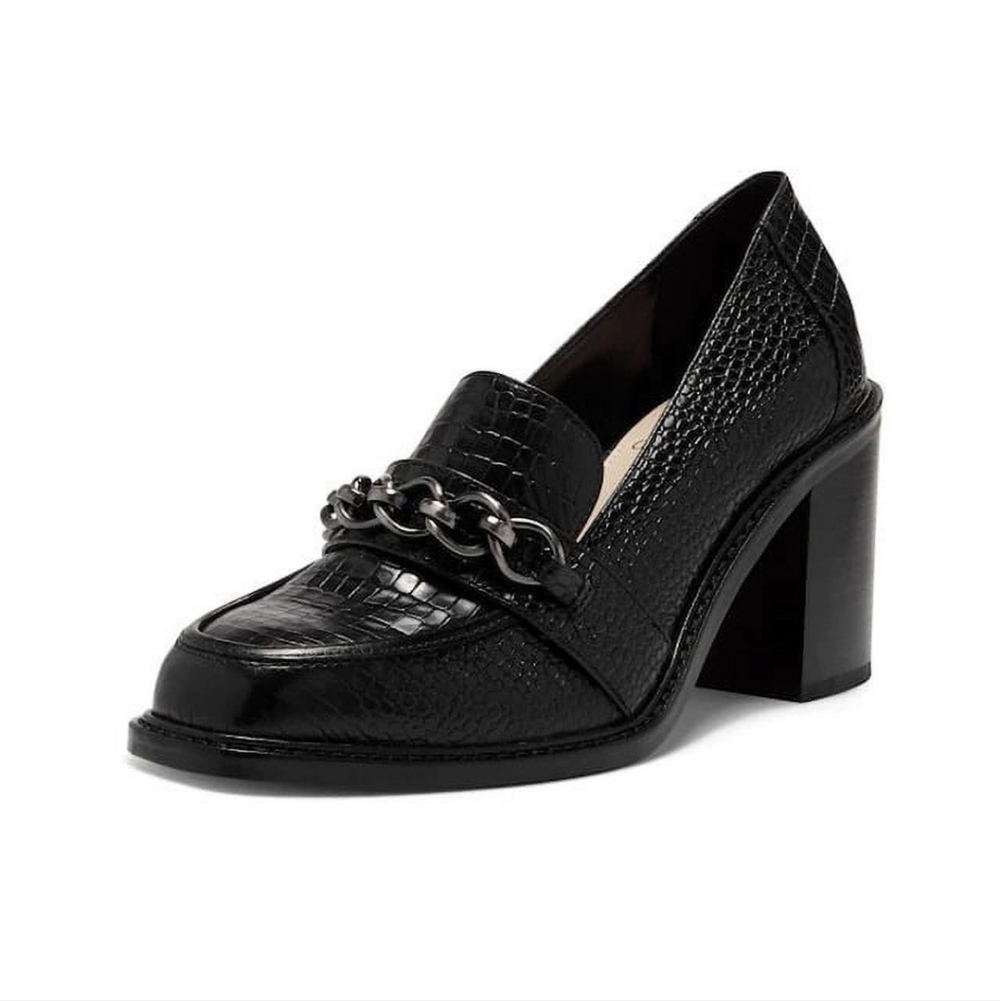 Vince Camuto Cedeen Black Croc Embossed Chain Loafer Heels Size 7.5